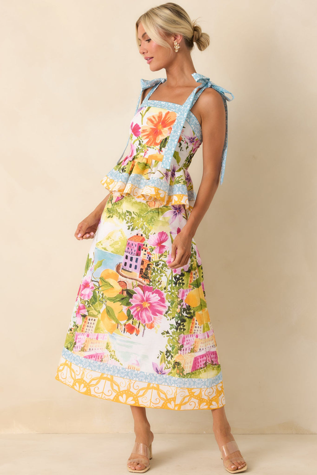 Prosperina River Multi Linen Blend Scenic Coastal Print Midi Skirt