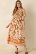 Bloom With Me Peach & Meadow Green Floral Smocked Cotton Top