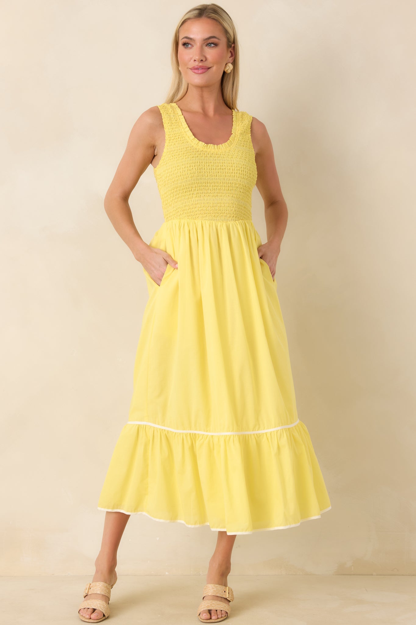 Today’s the Day Yellow Textured Cotton Tiered Midi Dress