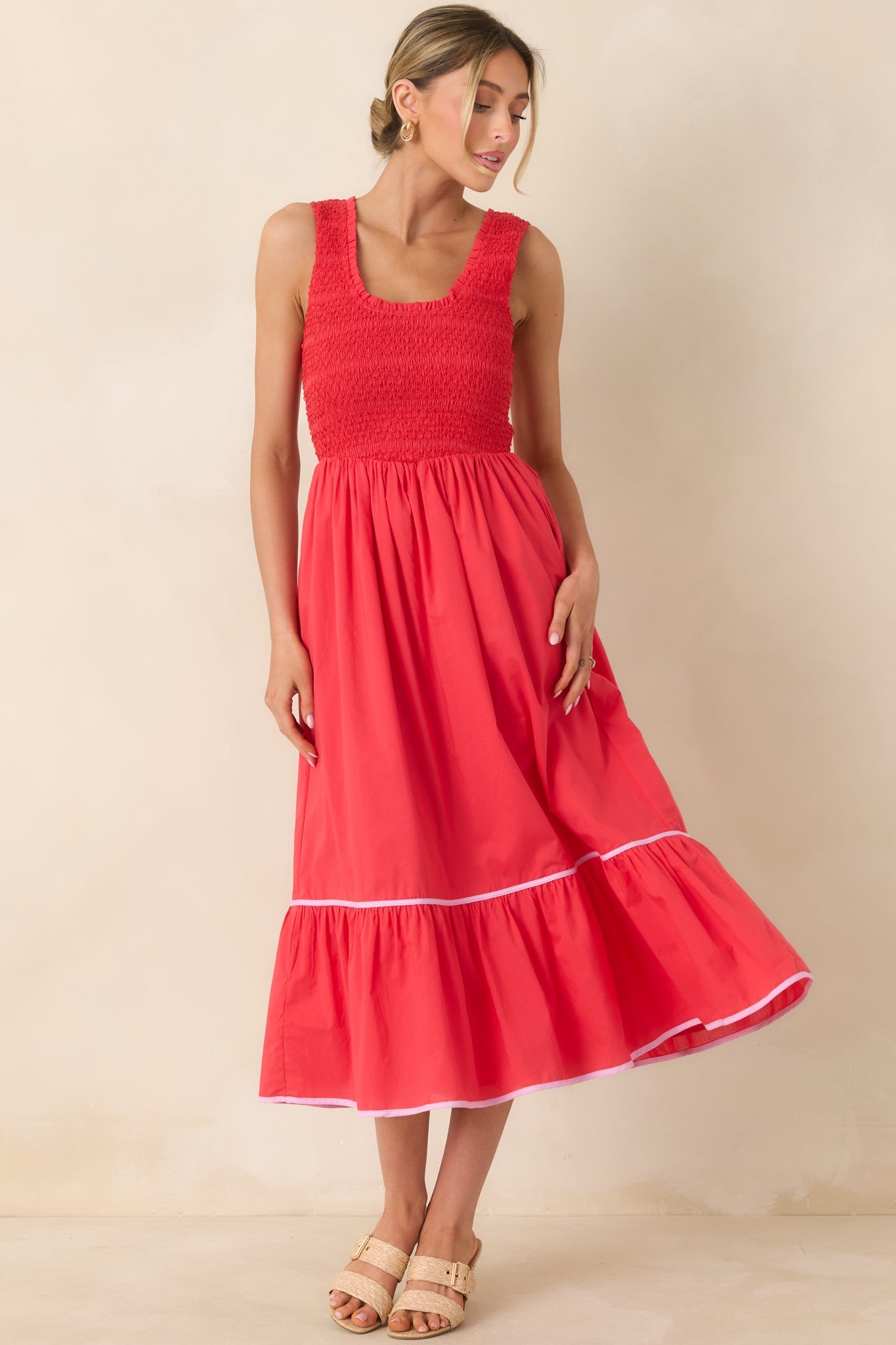 Today’s the Day Red Textured Cotton Tiered Midi Dress