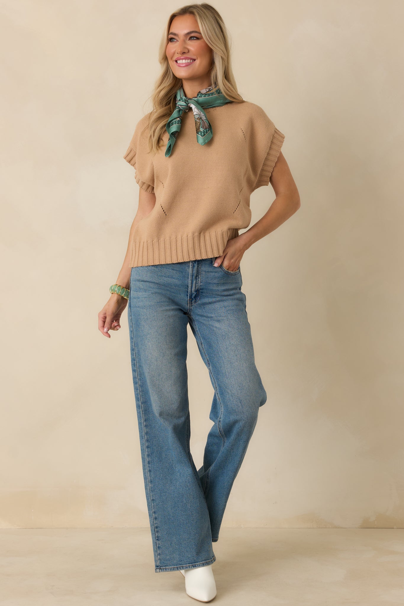 Easy to Adore Tan Knit Short Sleeve Mock Neck Sweater