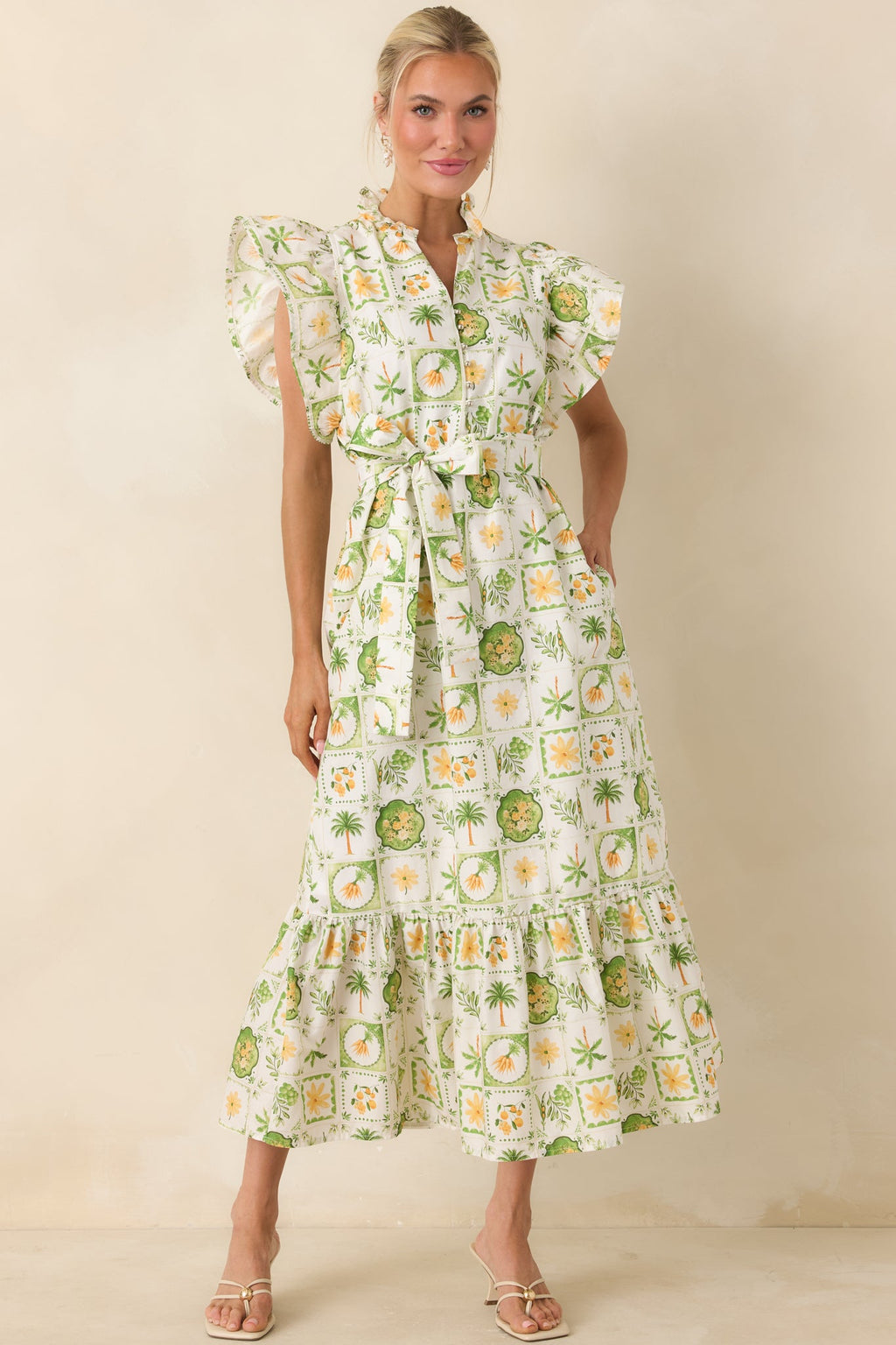 Somewhere Sunny Green Multi Cotton Ruffle Maxi Dress