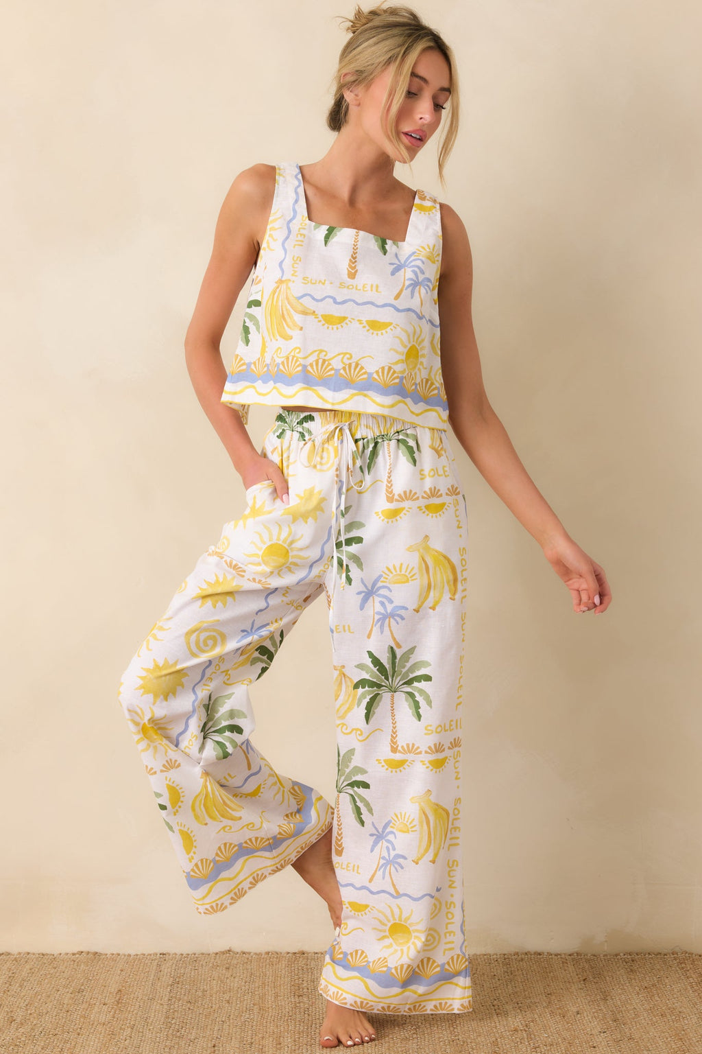 Paradisa Bahia Bay White Multi Linen Blend Tropical Print Tank Top