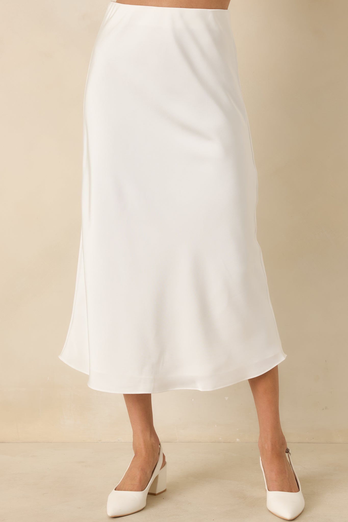 Come Closer White Satin-Finish Midi Skirt
